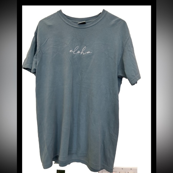 Aloha T-shirt embroidered 100% cotton unisex large muted blue grey color soft - Picture 1 of 11